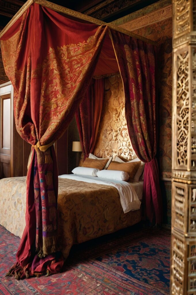 Elegant boho bedroom with sari fabric curtains and richly textured decor.