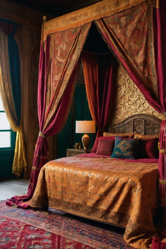 Elegant boho bedroom with sari fabric curtains and richly textured decor.