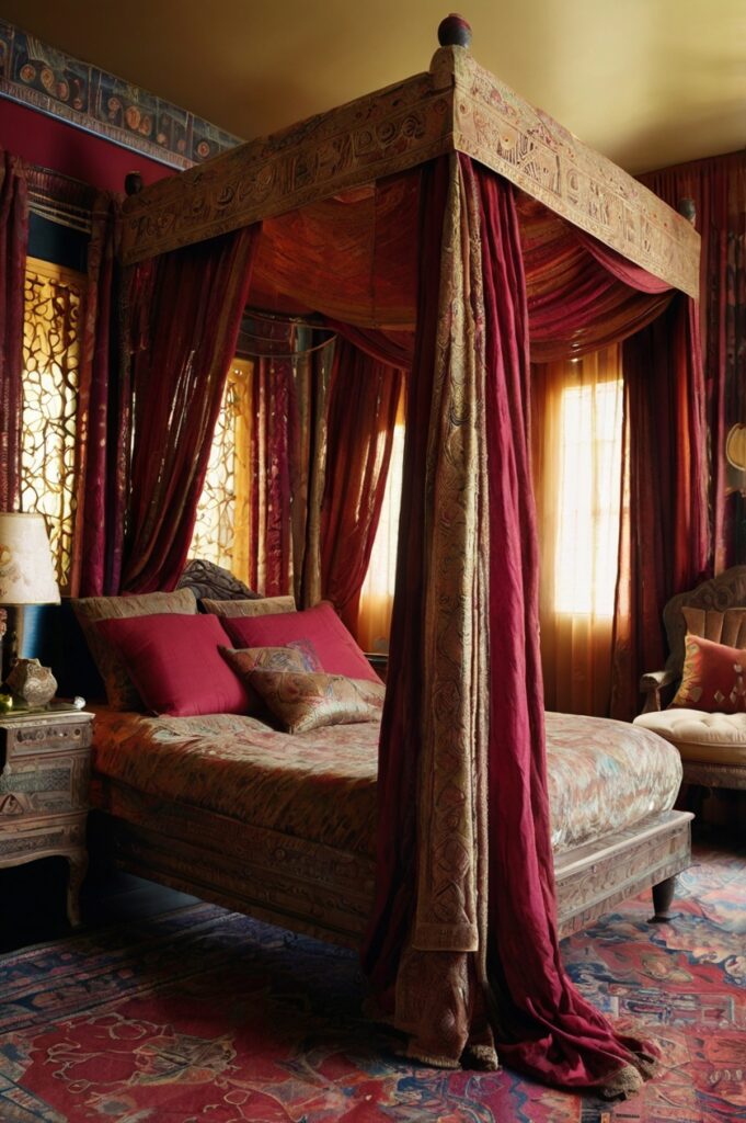 Elegant boho bedroom with sari fabric curtains and richly textured decor.