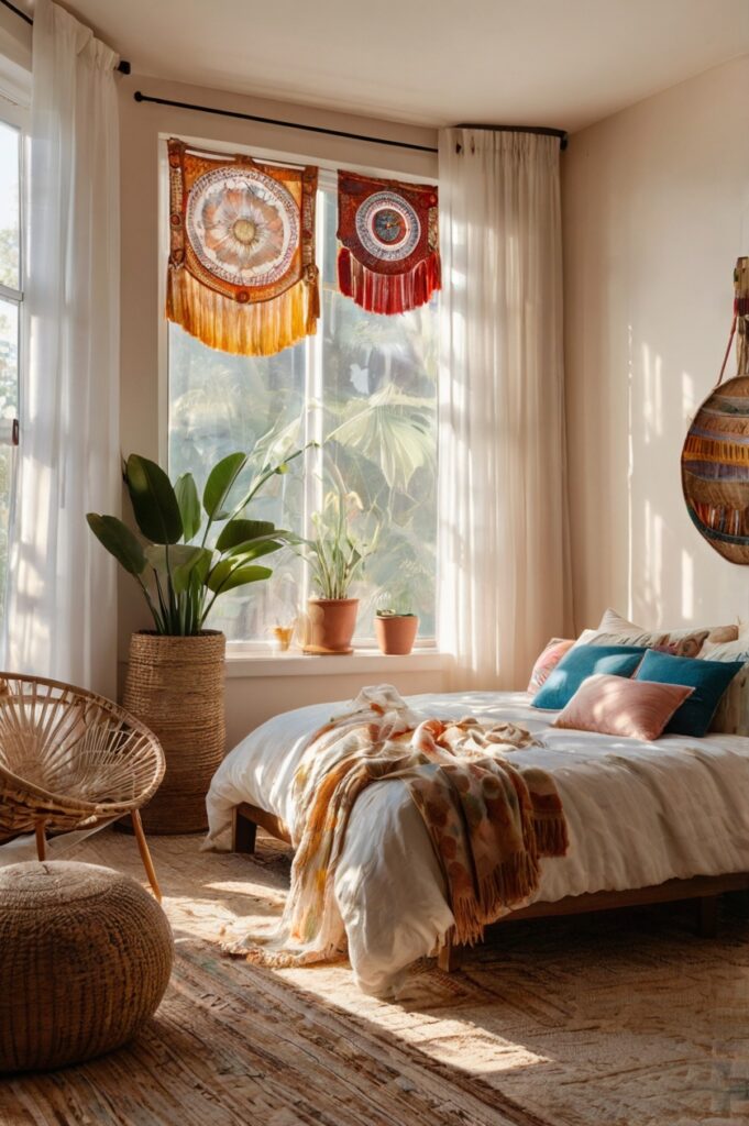 Boho bedroom with sheer curtains, a sun-catcher, and sparkling light effects.