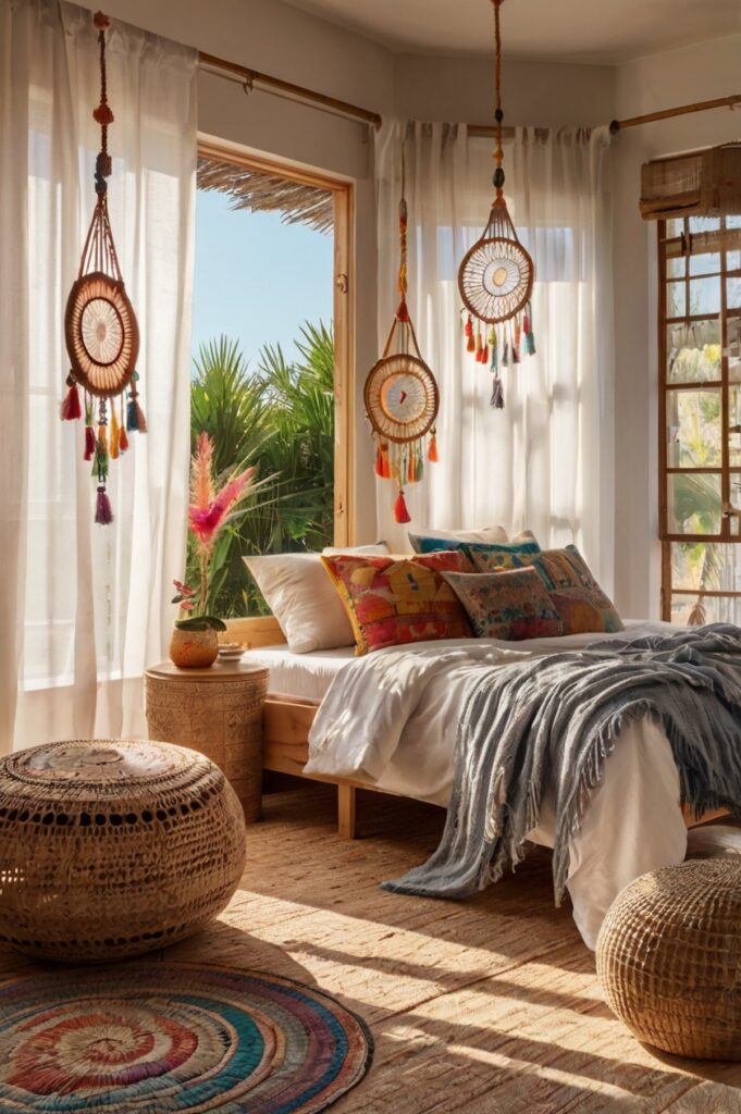 Boho bedroom with sheer curtains, a sun-catcher, and sparkling light effects.