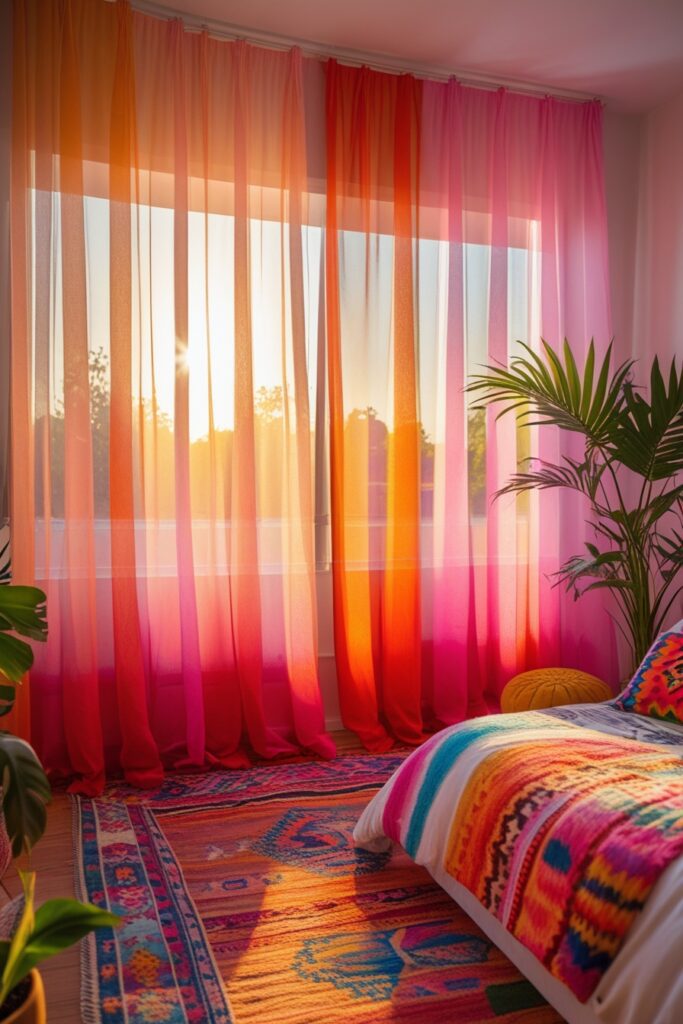 Boho bedroom with sunset ombre curtains, colorful textiles, and warm lighting.