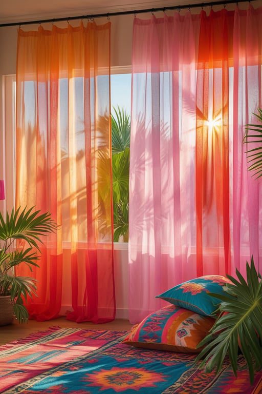 Boho bedroom with sunset ombre curtains, colorful textiles, and warm lighting.