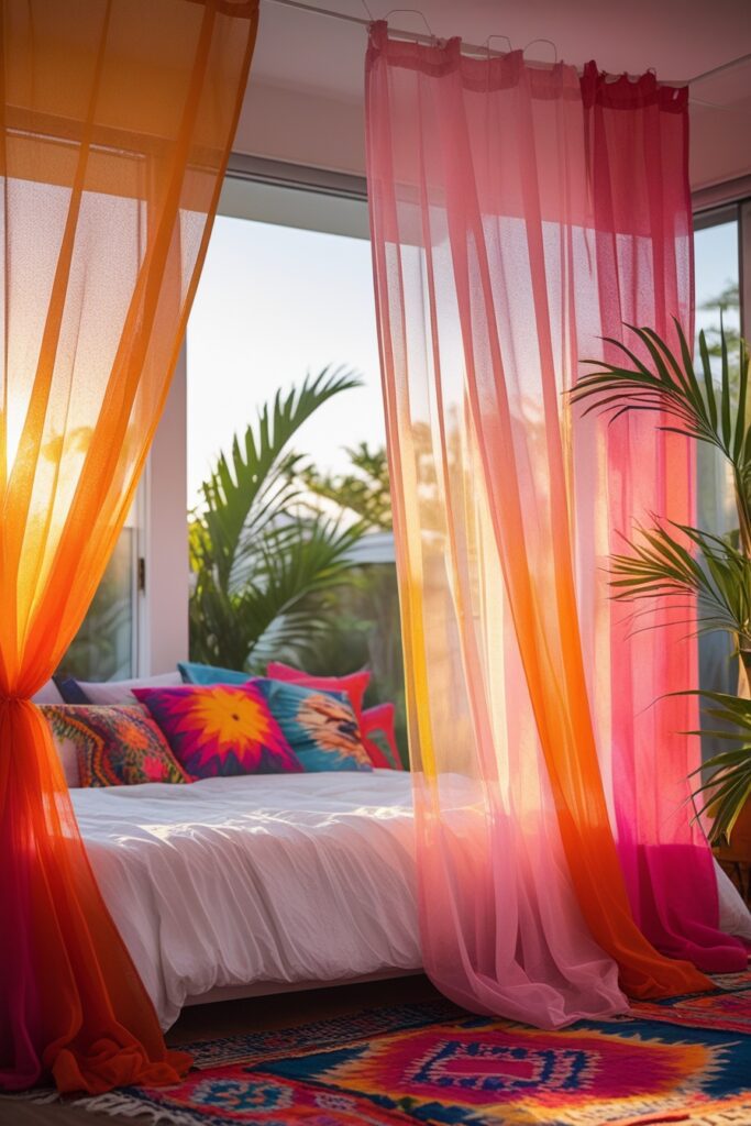 Boho bedroom with sunset ombre curtains, colorful textiles, and warm lighting.