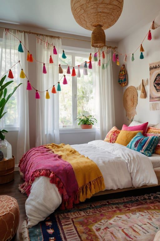 Playful boho bedroom with pom-pom tassel curtains and vibrant decor.