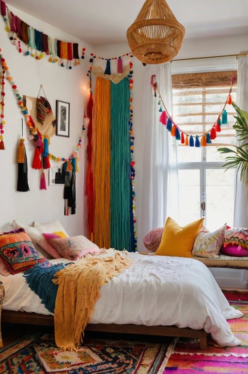 Playful boho bedroom with pom-pom tassel curtains and vibrant decor.