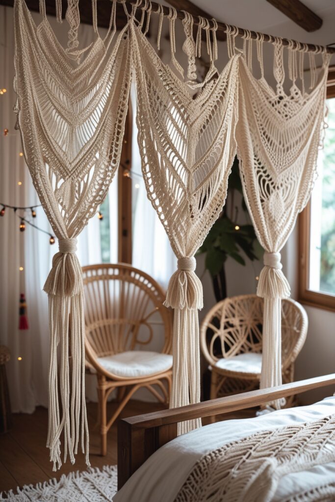 Handmade boho bedroom with tie-back crochet drapes and soft natural decor.