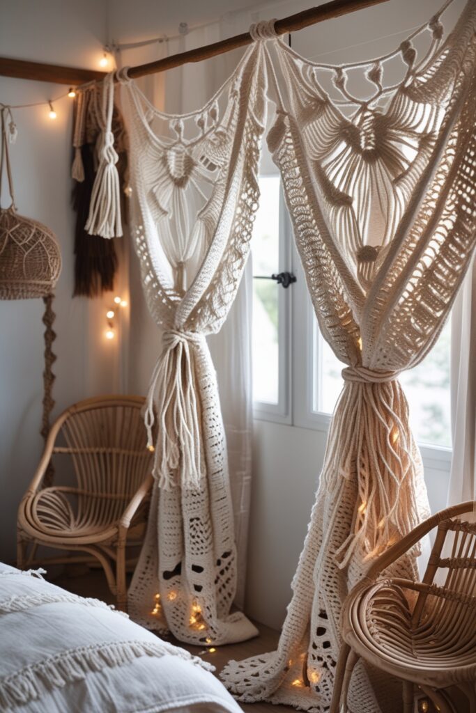 Handmade boho bedroom with tie-back crochet drapes and soft natural decor.