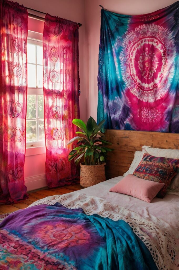 Bold boho bedroom with sheer tie-dye curtains and vibrant decor elements.