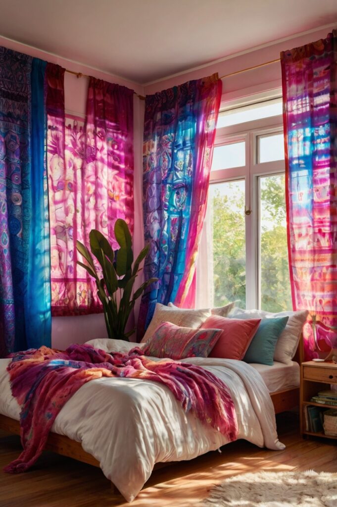 Bold boho bedroom with sheer tie-dye curtains and vibrant decor elements.