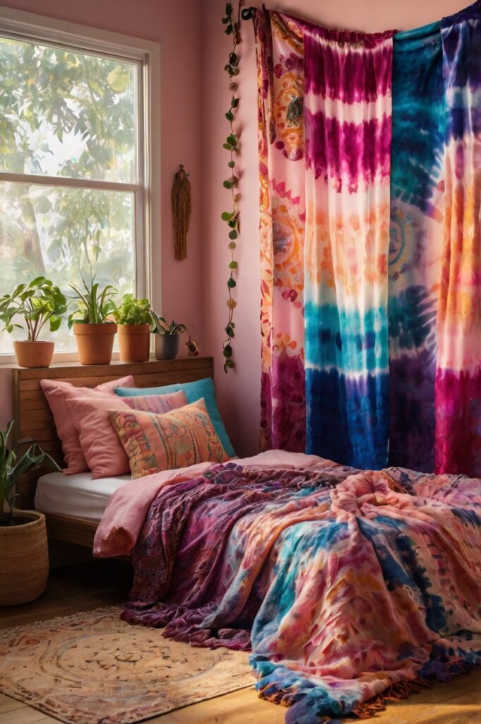 Bold boho bedroom with sheer tie-dye curtains and vibrant decor elements.