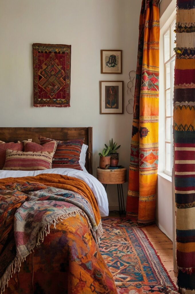 Bold boho bedroom with vintage kilim rug curtains and eclectic decor.
