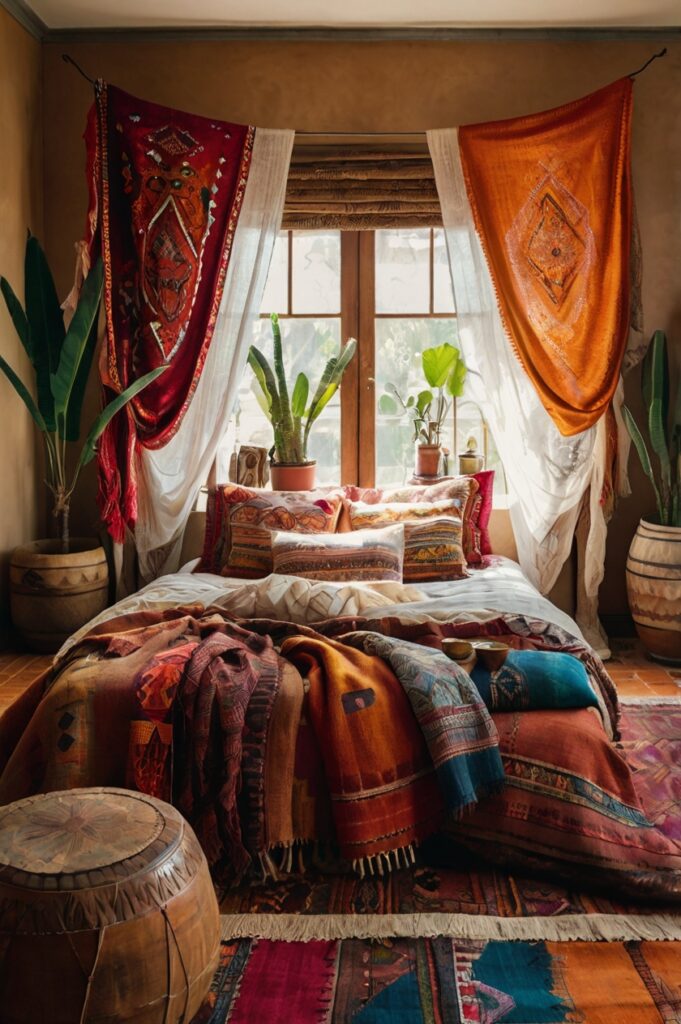 Bold boho bedroom with vintage kilim rug curtains and eclectic decor.