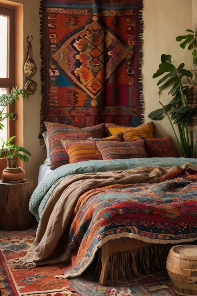 Bold boho bedroom with vintage kilim rug curtains and eclectic decor.