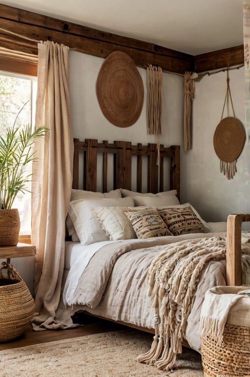 Rustic boho bedroom with wooden curtain rods, tassels, and earthy decor.