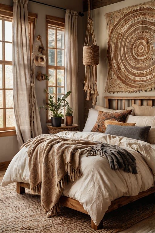 Rustic boho bedroom with wooden curtain rods, tassels, and earthy decor.